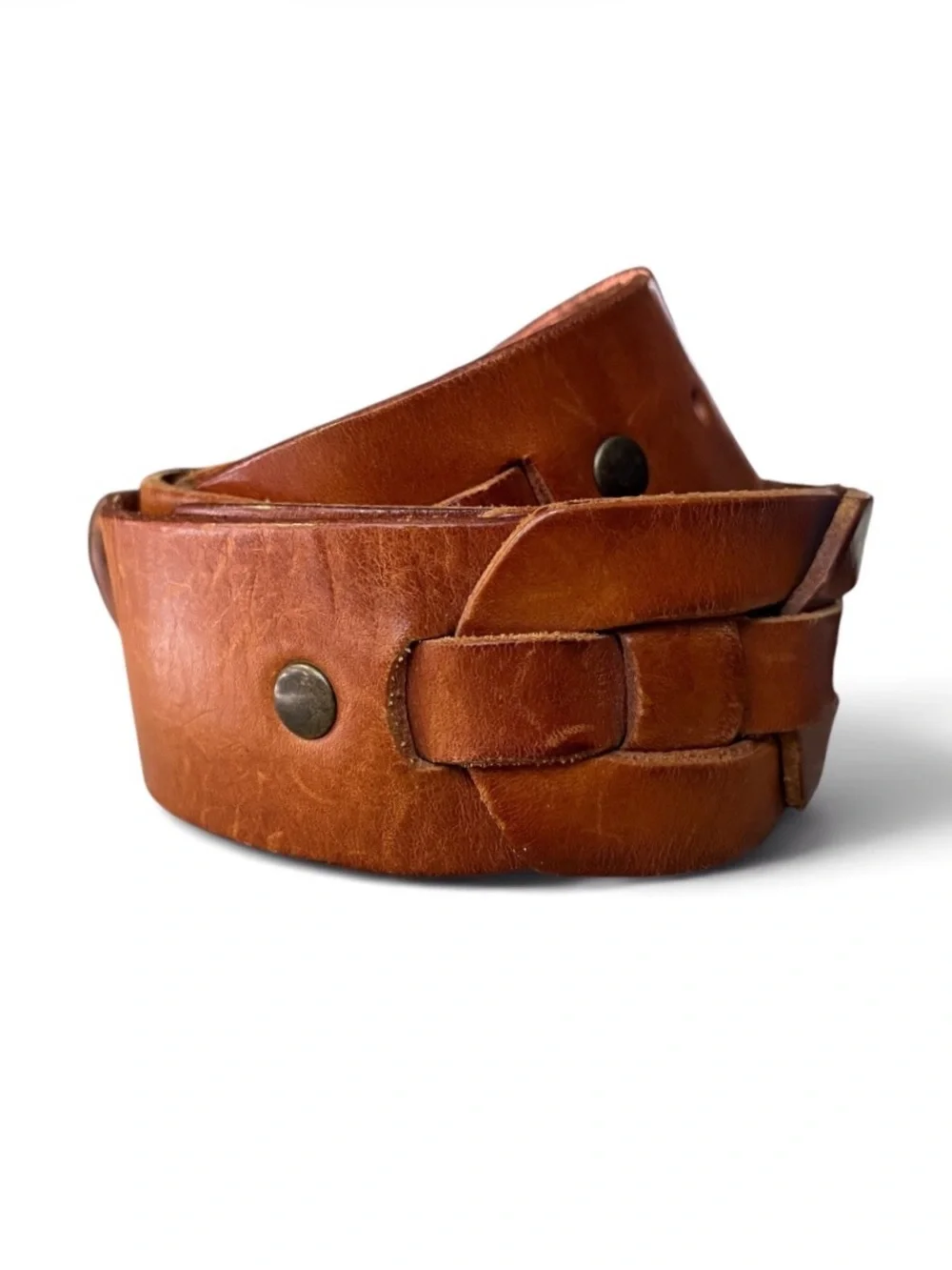 Linea Pelle Brown Woven Leather Belt w/Solid Brass Buckle, sz Large